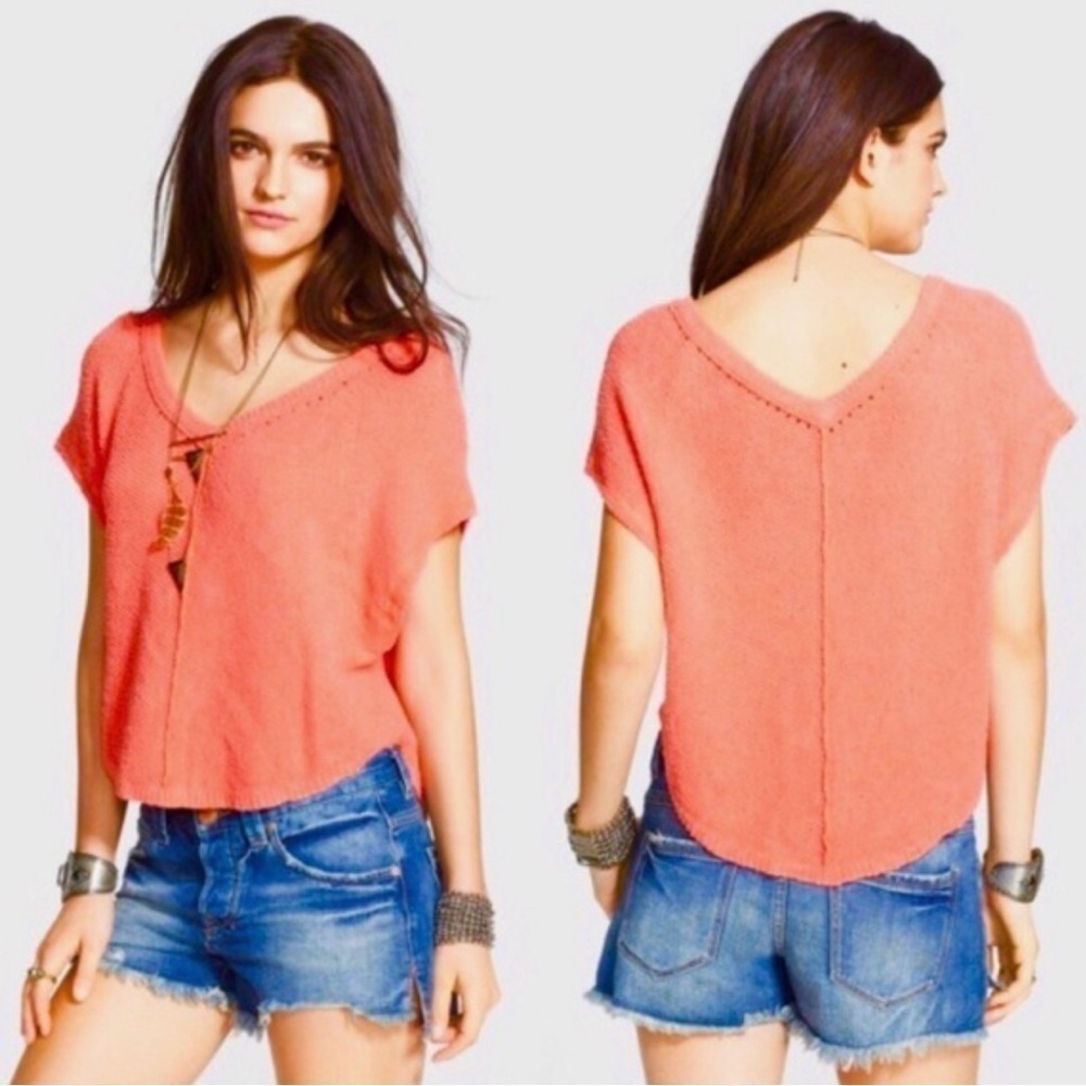 FREE PEOPLE S SUMMER ROMANCE oversized orange V-neck boho sleeveless knit top